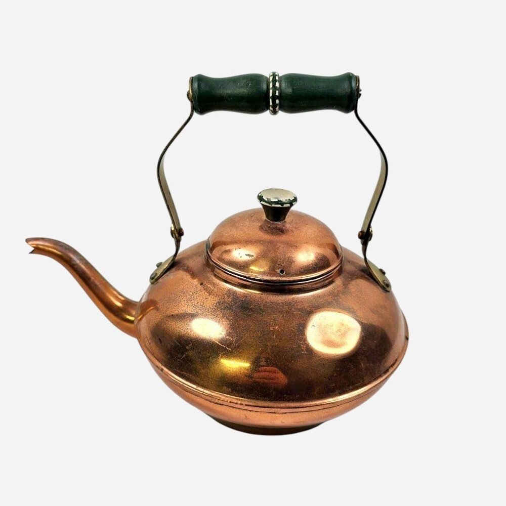 Vintage Copper & Brass Teapot / Tea Kettle wood handle